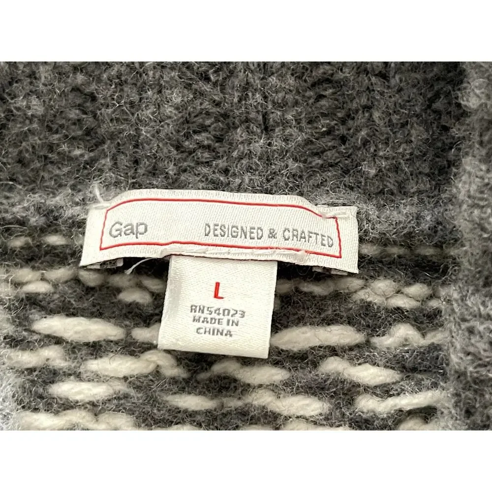 Gap Sz L Shawl Collar Cardigan Sweater Gray Lambswool Nordic Festive Holiday Ski